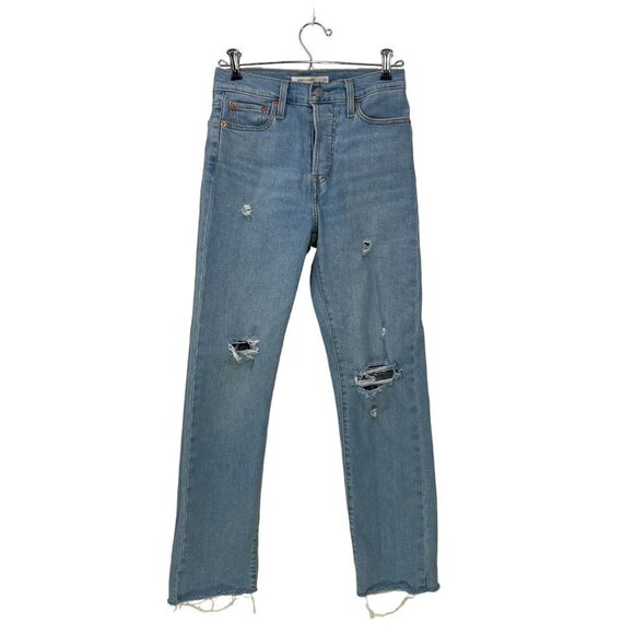 Levi's Wedgie Straight Button Fly Jeans Size 26  Light Blue Distressed Raw Hem - Picture 1 of 8